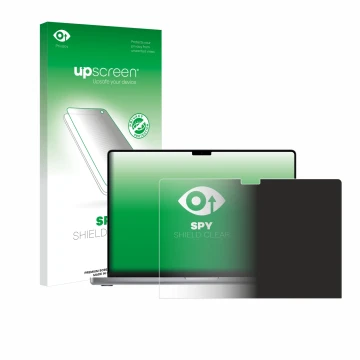 Parte frontale di una confezione del prodotto con il logo del marchio upscreen. Accanto è raffigurato il dispositivo Apple Mac