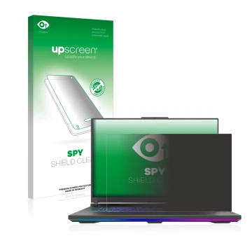 Parte frontale di una confezione del prodotto con il logo del marchio upscreen. Accanto è raffigurato il dispositivo ASUS ROG 