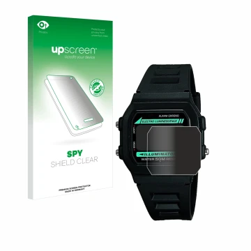 Parte frontale di una confezione del prodotto con il logo del marchio upscreen. Accanto è raffigurato il dispositivo Casio W-8