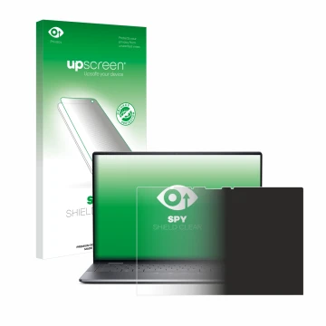 Parte frontale di una confezione del prodotto con il logo del marchio upscreen. Accanto è raffigurato il dispositivo Dell Lati