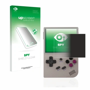 Parte frontale di una confezione del prodotto con il logo del marchio upscreen. Accanto è raffigurato il dispositivo Anbernic 