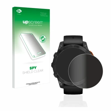 Parte frontale di una confezione del prodotto con il logo del marchio upscreen. Accanto è raffigurato il dispositivo Garmin Fe