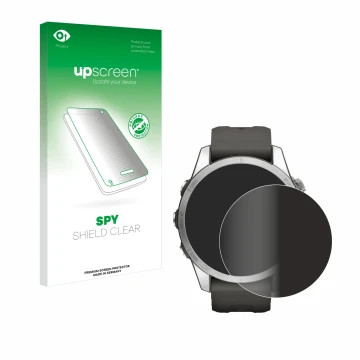 Parte frontale di una confezione del prodotto con il logo del marchio upscreen. Accanto è raffigurato il dispositivo Garmin Fe