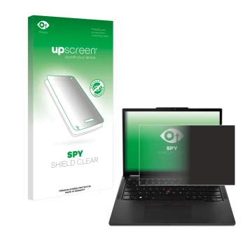 Parte frontale di una confezione del prodotto con il logo del marchio upscreen. Accanto è raffigurato il dispositivo Lenovo Th