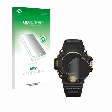 Parte frontale di una confezione del prodotto con il logo del marchio upscreen. Accanto è raffigurato il dispositivo Casio G-S