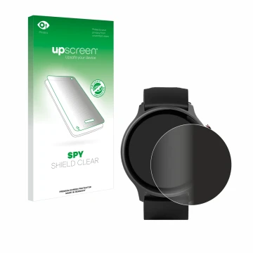 Parte frontale di una confezione del prodotto con il logo del marchio upscreen. Accanto è raffigurato il dispositivo Hama Fit 