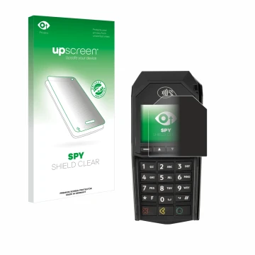 Parte frontale di una confezione del prodotto con il logo del marchio upscreen. Accanto è raffigurato il dispositivo ingenico 