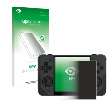 Parte frontale di una confezione del prodotto con il logo del marchio upscreen. Accanto è raffigurato il dispositivo Powkiddy 