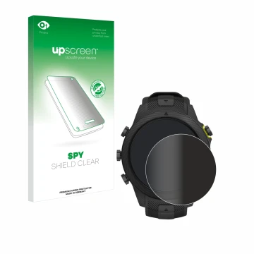 Parte frontale di una confezione del prodotto con il logo del marchio upscreen. Accanto è raffigurato il dispositivo Garmin Ma