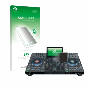 Parte frontale di una confezione del prodotto con il logo del marchio upscreen. Accanto è raffigurato il dispositivo Denon DJ 