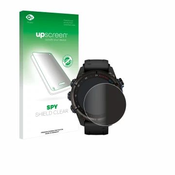 Parte frontale di una confezione del prodotto con il logo del marchio upscreen. Accanto è raffigurato il dispositivo Garmin De