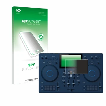 Parte frontale di una confezione del prodotto con il logo del marchio upscreen. Accanto è raffigurato il dispositivo AlphaThet