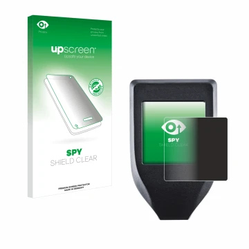 Parte frontale di una confezione del prodotto con il logo del marchio upscreen. Accanto è raffigurato il dispositivo Trezor Mo