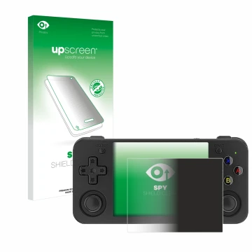 Parte frontale di una confezione del prodotto con il logo del marchio upscreen. Accanto è raffigurato il dispositivo Anbernic 