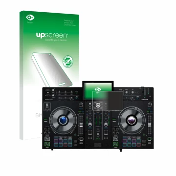 Parte frontale di una confezione del prodotto con il logo del marchio upscreen. Accanto è raffigurato il dispositivo Denon DJ 