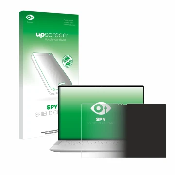 Parte frontale di una confezione del prodotto con il logo del marchio upscreen. Accanto è raffigurato il dispositivo Dell XPS 