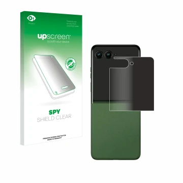 Parte frontale di una confezione del prodotto con il logo del marchio upscreen. Accanto è raffigurato il dispositivo Motorola 