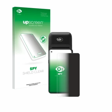 Parte frontale di una confezione del prodotto con il logo del marchio upscreen. Accanto è raffigurato il dispositivo Verifone 