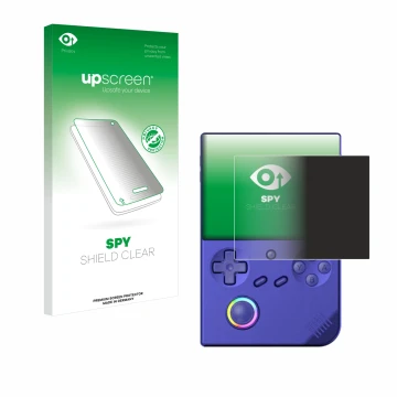Parte frontale di una confezione del prodotto con il logo del marchio upscreen. Accanto è raffigurato il dispositivo Anbernic 