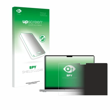 Parte frontale di una confezione del prodotto con il logo del marchio upscreen. Accanto è raffigurato il dispositivo Apple Mac