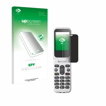 Parte frontale di una confezione del prodotto con il logo del marchio upscreen. Accanto è raffigurato il dispositivo Doro 2820