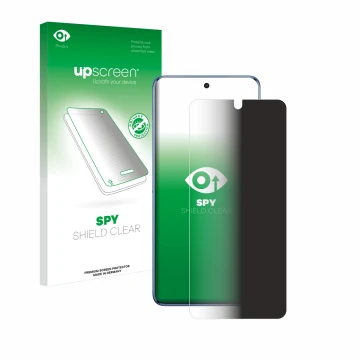 Parte frontale di una confezione del prodotto con il logo del marchio upscreen. Accanto è raffigurato il dispositivo Vivo V50 
