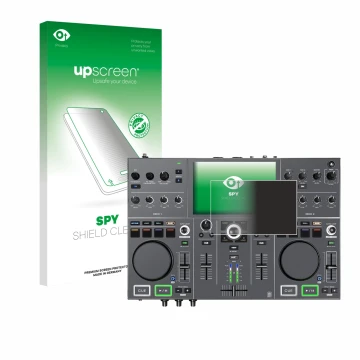 Parte frontale di una confezione del prodotto con il logo del marchio upscreen. Accanto è raffigurato il dispositivo Denon DJ 