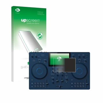 Parte frontale di una confezione del prodotto con il logo del marchio upscreen. Accanto è raffigurato il dispositivo AlphaThet