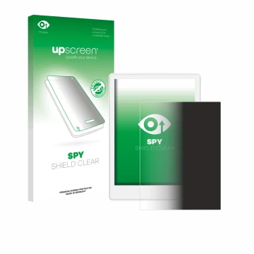 Parte frontale di una confezione del prodotto con il logo del marchio upscreen. Accanto è raffigurato il dispositivo Meebook M