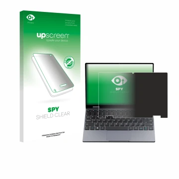 Parte frontale di una confezione del prodotto con il logo del marchio upscreen. Accanto è raffigurato il dispositivo Chuwi Min