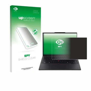 Parte frontale di una confezione del prodotto con il logo del marchio upscreen. Accanto è raffigurato il dispositivo Lenovo Th