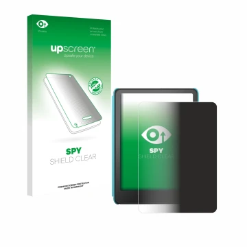 Parte frontale di una confezione del prodotto con il logo del marchio upscreen. Accanto è raffigurato il dispositivo Amazon Ki