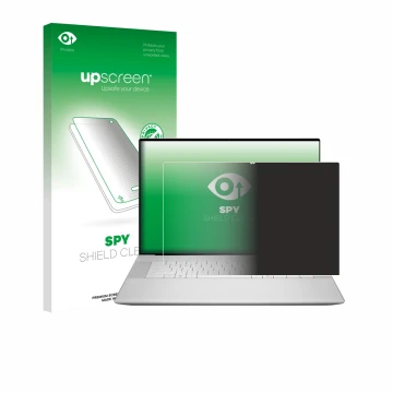 Parte frontale di una confezione del prodotto con il logo del marchio upscreen. Accanto è raffigurato il dispositivo Dell 16 P