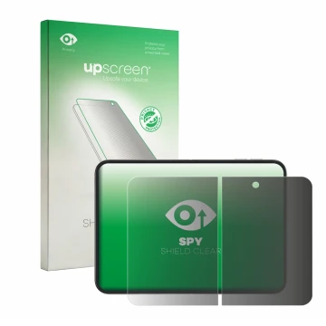 Parte frontale di una confezione del prodotto con il logo del marchio upscreen. Accanto è raffigurato il dispositivo Apple iPh