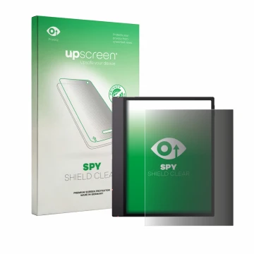 Parte frontale di una confezione del prodotto con il logo del marchio upscreen. Accanto è raffigurato il dispositivo Boox Note