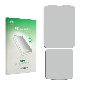 Parte frontale di una confezione del prodotto con il logo del marchio upscreen. Accanto si trova la protezione per lo schermo 