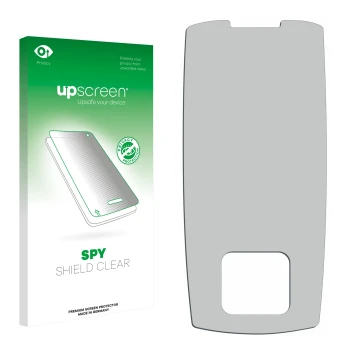 Parte frontale di una confezione del prodotto con il logo del marchio upscreen. Accanto si trova la protezione per lo schermo 