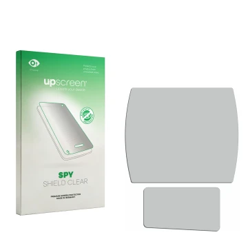 Parte frontale di una confezione del prodotto con il logo del marchio upscreen. Accanto si trova la protezione per lo schermo 