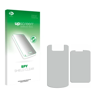 Parte frontale di una confezione del prodotto con il logo del marchio upscreen. Accanto si trova la protezione per lo schermo 