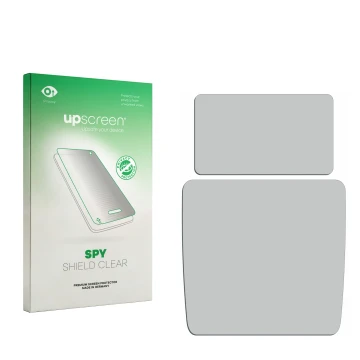 Parte frontale di una confezione del prodotto con il logo del marchio upscreen. Accanto si trova la protezione per lo schermo 