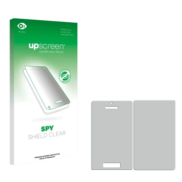 Parte frontale di una confezione del prodotto con il logo del marchio upscreen. Accanto si trova la protezione per lo schermo 