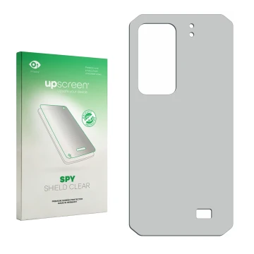 Parte frontale di una confezione del prodotto con il logo del marchio upscreen. Accanto si trova la protezione per lo schermo 