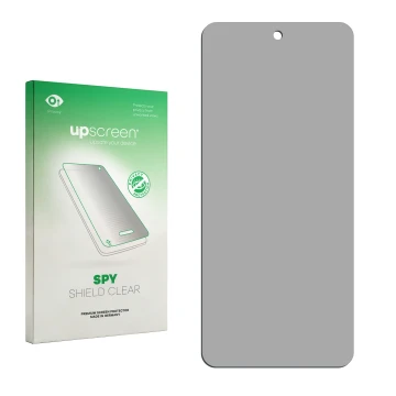 Parte frontale di una confezione del prodotto con il logo del marchio upscreen. Accanto si trova la protezione per lo schermo 