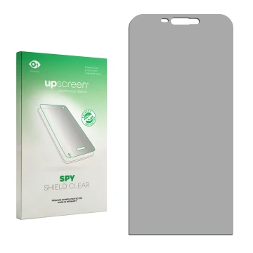 Parte frontale di una confezione del prodotto con il logo del marchio upscreen. Accanto si trova la protezione per lo schermo 