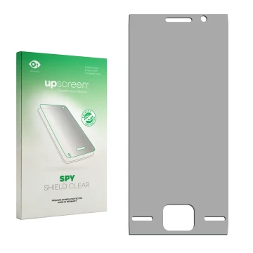 Parte frontale di una confezione del prodotto con il logo del marchio upscreen. Accanto si trova la protezione per lo schermo 