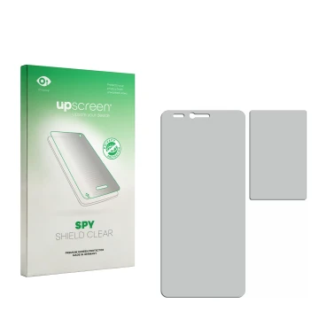 Parte frontale di una confezione del prodotto con il logo del marchio upscreen. Accanto si trova la protezione per lo schermo 