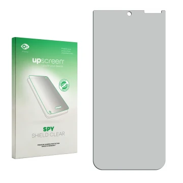 Parte frontale di una confezione del prodotto con il logo del marchio upscreen. Accanto si trova la protezione per lo schermo 