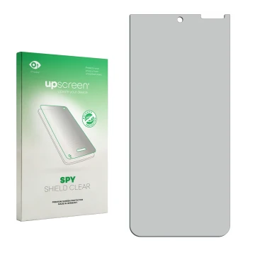 Parte frontale di una confezione del prodotto con il logo del marchio upscreen. Accanto si trova la protezione per lo schermo 