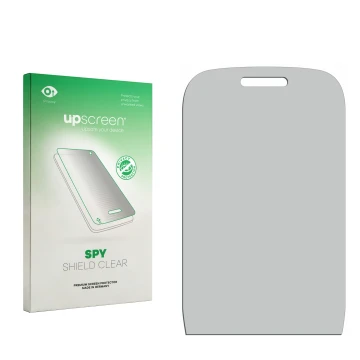 Parte frontale di una confezione del prodotto con il logo del marchio upscreen. Accanto si trova la protezione per lo schermo 