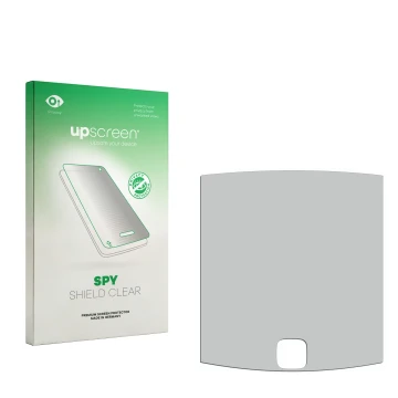 Parte frontale di una confezione del prodotto con il logo del marchio upscreen. Accanto si trova la protezione per lo schermo 